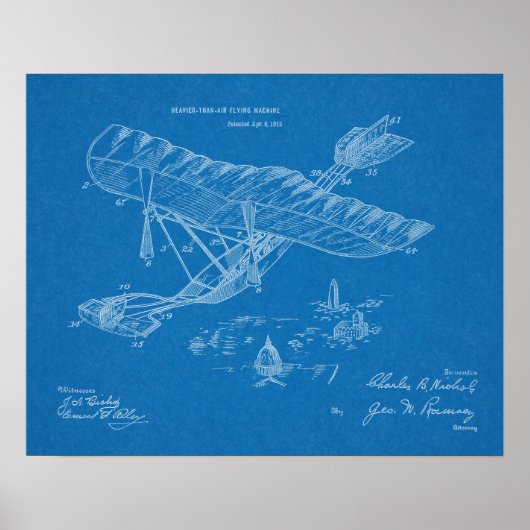 1915 Flying Machine Airplane Patent Art Drawing Poster (Voorkant)