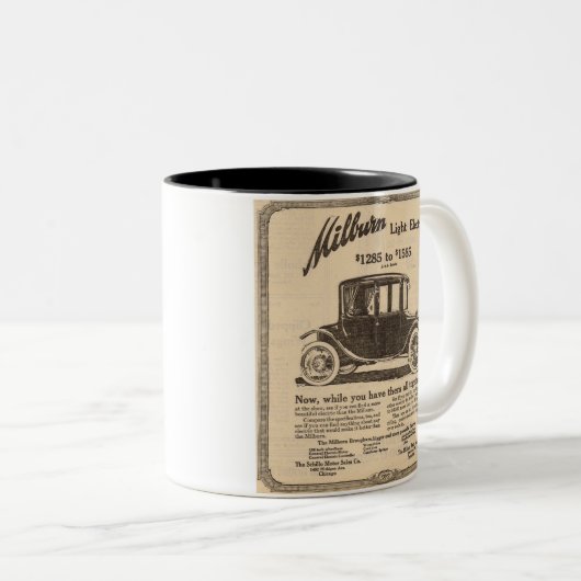 1915 Milburn Electric Car ad Tweekleurige Koffiemok (Voorkant rechts)