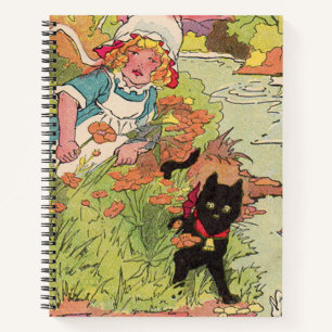 1915 schattig meisje en haar zwarte kat notitieboek