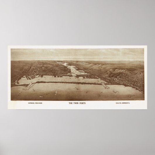 1915 Superior, WI & Duluth, MN Birds Eye Uitzicht Poster (Voorkant)