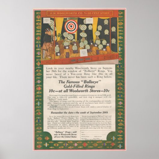 1916 Ad voor Woolworth Bullseye met goud gevulde r Poster (Voorkant)
