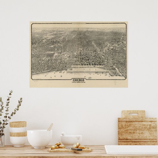 1916 Chicago, IL Birds Eye Uitzicht Panoramic Map Poster (Keuken)