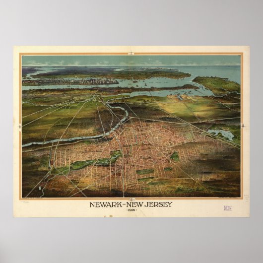 1916 Newark, NJ Birds Eye Uitzicht Panoramic Map Poster (Voorkant)