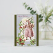 1916 Santa in roze jas met boom Feestdagenkaart (Staand voorkant)