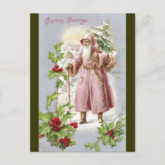 1916 Santa in roze jas met boom Feestdagenkaart (Voorkant)