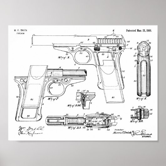 1916 Smith Pistool Patent Art Drawing Print (Voorkant)