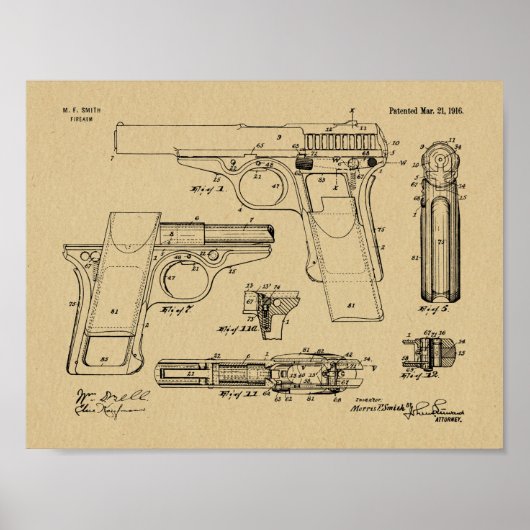 1916 Smith Pistool Patent Art Drawing Print (Voorkant)
