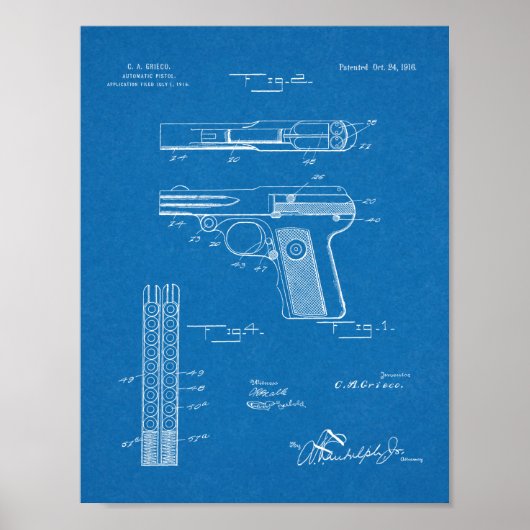 1916 Tekening voor automatische Pistolen Kunstteke Poster (Voorkant)