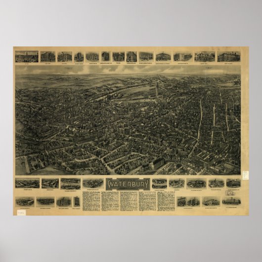 1917 Waterbury CT Birds Eye Uitzicht Panoramic Map Poster (Voorkant)
