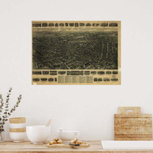 1917 Waterbury CT Birds Eye Uitzicht Panoramic Map Poster (Keuken)