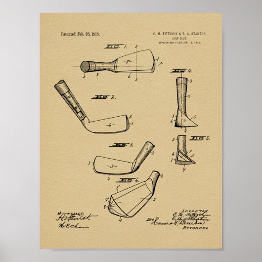 1918 Golf Club Head Patent Art Drawing Print (Voorkant)