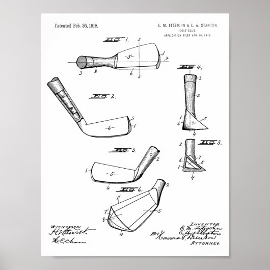1918 Golf Club Head Patent Art Drawing Print (Voorkant)