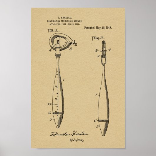1918 Medical Reflex Hammer Patent Art Print (Voorkant)
