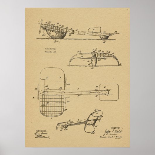 1919 Flying Machine Seaplane Patent Drawing Print (Voorkant)