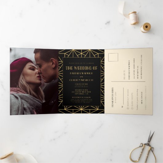  1920 art deco geometric Alles in één bruiloft Drieluik Uitnodiging (Binnen)