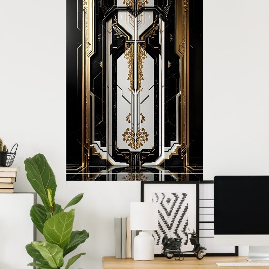 1920 Art Deco Geometrisch goud lijst zwart wit Poster (Thuiskantoor)