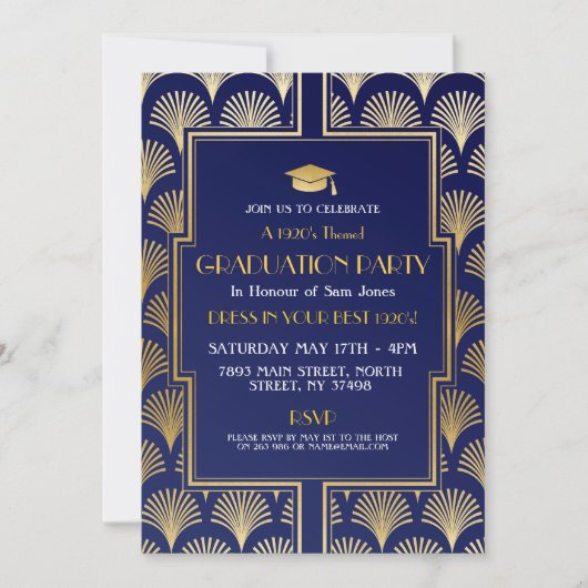 1920 Art Deco Navy Gold Gatsby Party Afstuderen Kaart (Voorkant)