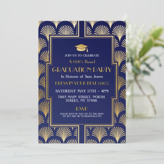 1920 Art Deco Navy Gold Gatsby Party Afstuderen Kaart (Staand voorkant)
