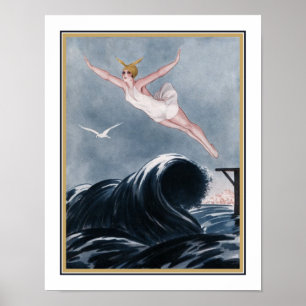 1920. Art Deco "vliegen over de golven" Poster