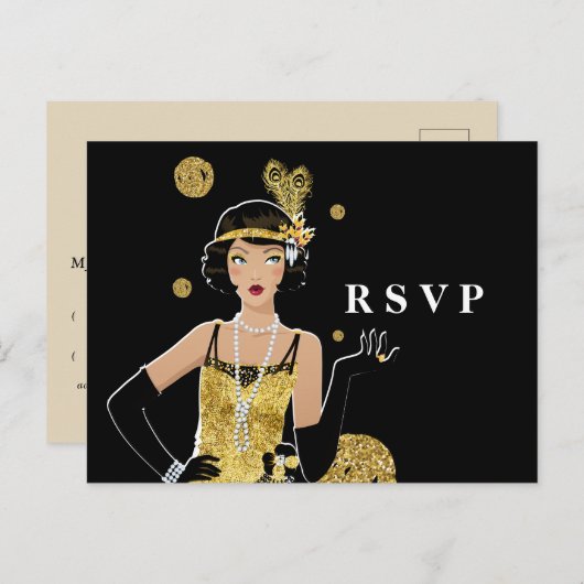 1920-bladermeisje gatsby RSVP Uitnodiging Briefkaart (Voorkant / Achterkant)
