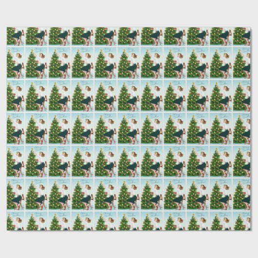 1920  dame die kerstboom decorteert cadeaupapier (Vlak)