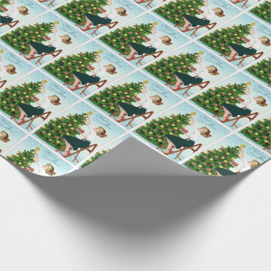 1920  dame die kerstboom decorteert cadeaupapier (Hoek)