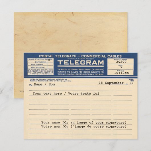 1920 Postal Telegram (Briefkaart) Briefkaart (Voorkant / Achterkant)