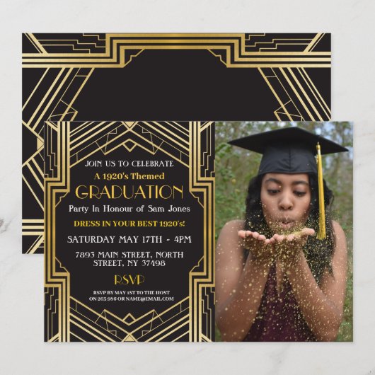 1920s Art Deco Afstuderen Foto Gatsby Party Gold Kaart (Voorkant / Achterkant)