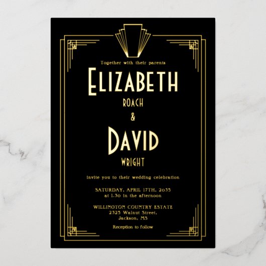 1920s Art Deco bruiloft zwart en goud Folie Uitnodiging (Voorkant)