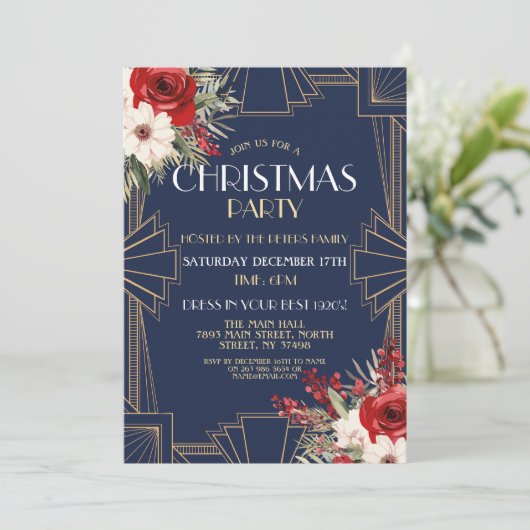 1920's Art Deco Christmas Nodig Gatsby Navy Gold u Kaart (Staand voorkant)