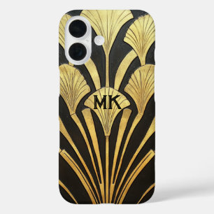 1920's Art Deco Egyptische Zwarte Gouden Monogram iPhone 16 Hoesje