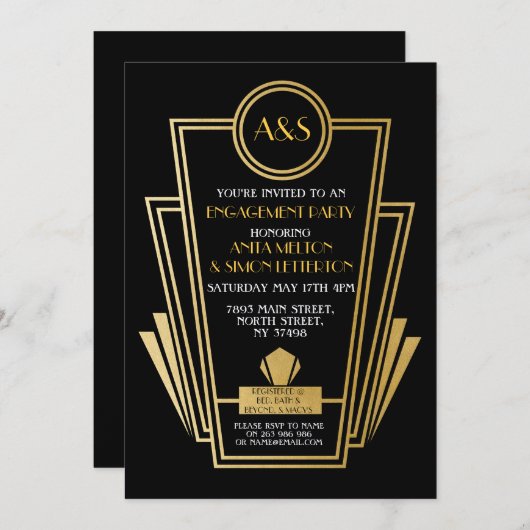 1920s Art Deco Engagement Party Nodig Gatsby Gold Kaart (Voorkant / Achterkant)