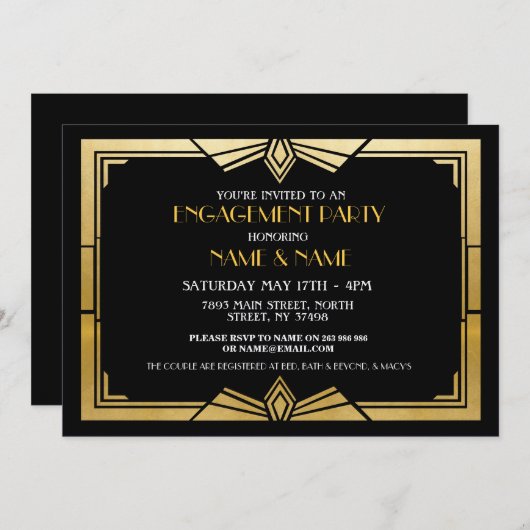 1920s Art Deco Engagement Party Nodig Gatsby Gold  Kaart (Voorkant / Achterkant)