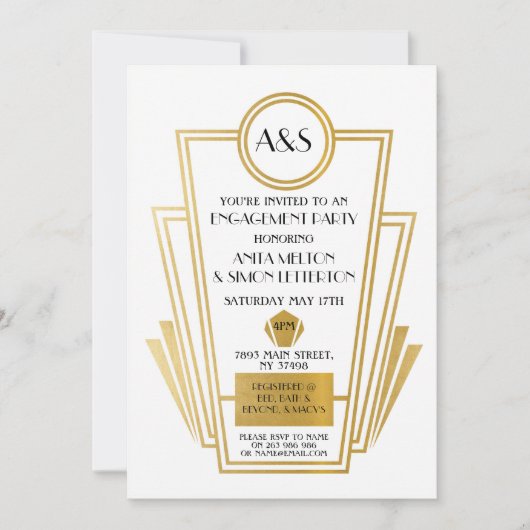 1920s Art Deco Engagement Party Nodig Gatsby Gold Kaart (Voorkant)