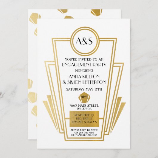 1920s Art Deco Engagement Party Nodig Gatsby Gold Kaart (Voorkant / Achterkant)