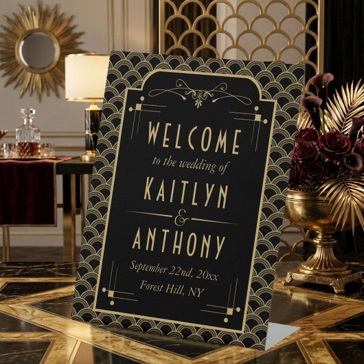  1920's Art Deco Gatsby Bruiloft Welkom Reclamebord Met Voetstuk