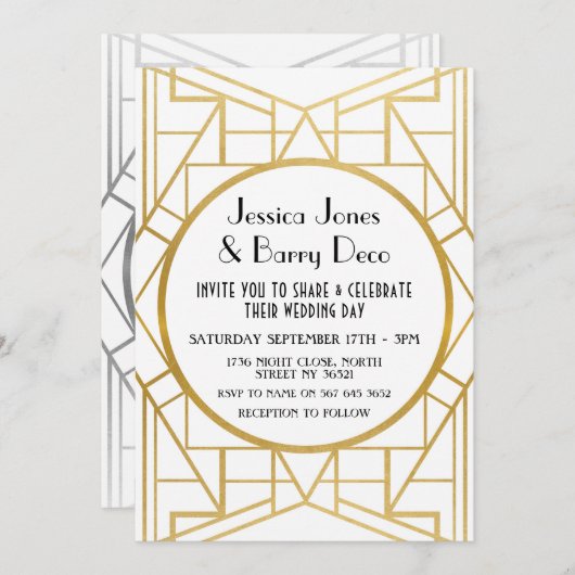 1920's Art Deco Gatsby Gold 20's bruiloft uitnodig Kaart (Voorkant / Achterkant)