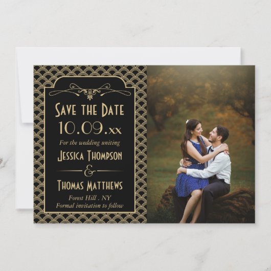  1920's Art Deco Gatsby trouwfoto Save The Date (Voorkant)