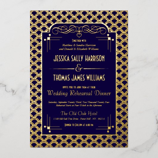 1920's Art Deco Gatsby trouwrepetitie Folie Uitnodiging (Voorkant)