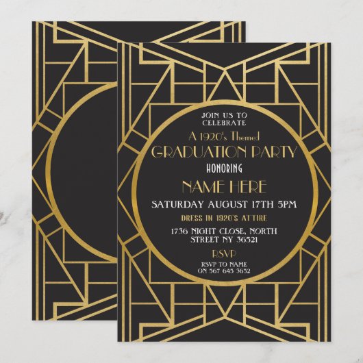 1920's Art Deco Graduation Party Gatsby Uitnodigin Kaart (Voorkant / Achterkant)
