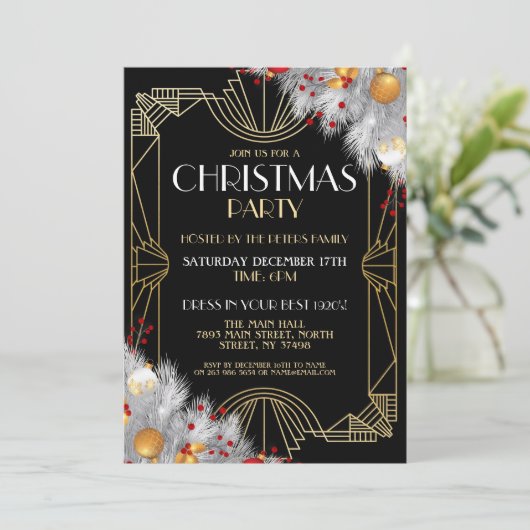 1920's Art Deco Kerstmis uitnodigen Gatsby Party G Kaart (Staand voorkant)