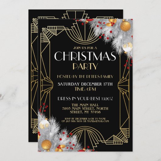 1920's Art Deco Kerstmis uitnodigen Gatsby Party G Kaart (Voorkant / Achterkant)