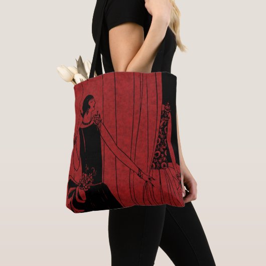 1920s Art Deco Modeshow Model Rood Tote Bag (Dichtbij)