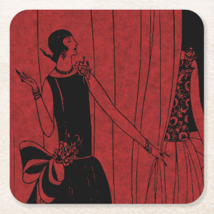 1920s Art Deco Modeshow Rood en Zwart Kartonnen Onderzetters