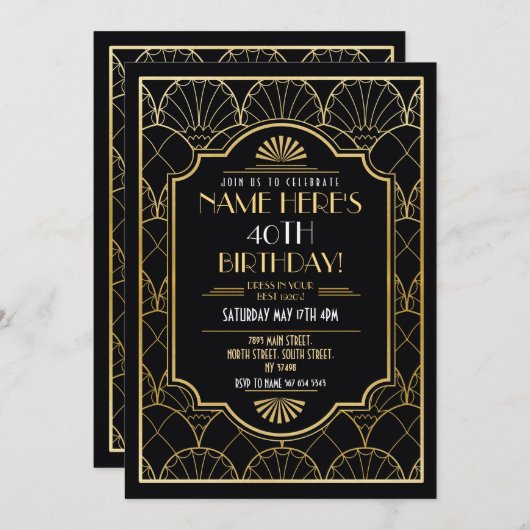 1920's Art Deco Verjaardag Gatsby Party Goud Kaart (Voorkant / Achterkant)