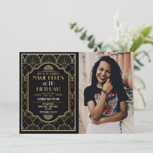 1920's Art Deco Verjaardag Gatsby Party Goud Kaart (Staand voorkant)