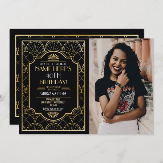 1920's Art Deco Verjaardag Gatsby Party Goud Kaart (Voorkant / Achterkant)