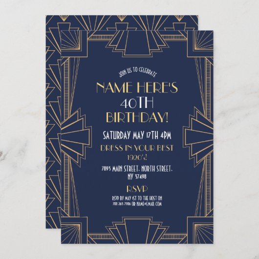 1920's Art Deco Verjaardag Gatsby Party Marine & G Kaart (Voorkant / Achterkant)