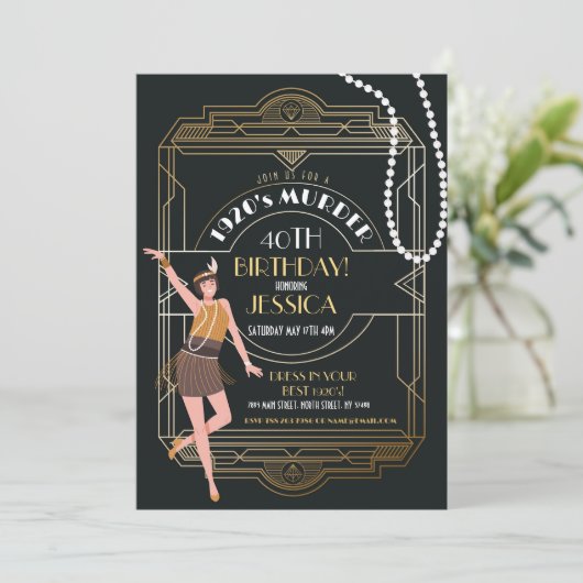 1920's Art Deco Verjaardag Gatsby Party Zwart & Go Kaart (Staand voorkant)