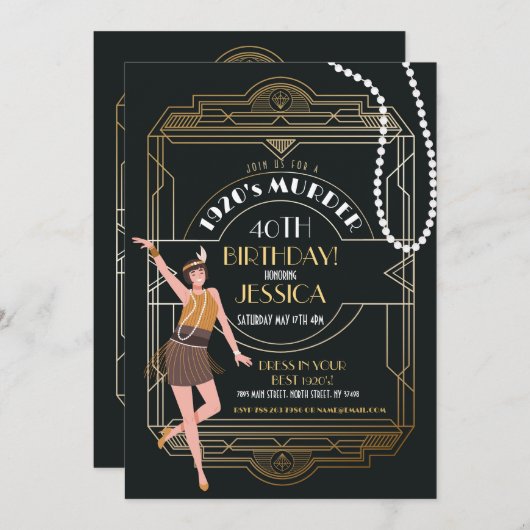 1920's Art Deco Verjaardag Gatsby Party Zwart & Go Kaart (Voorkant / Achterkant)